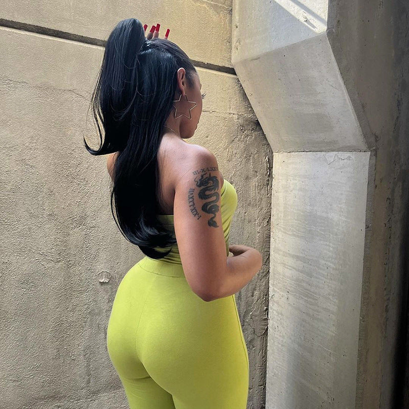 Fashion Summer Suit Embroidery Tube Top and High Waist Drawstring Bell-Bottomed Pants Two-Piece Set Womens Clothing