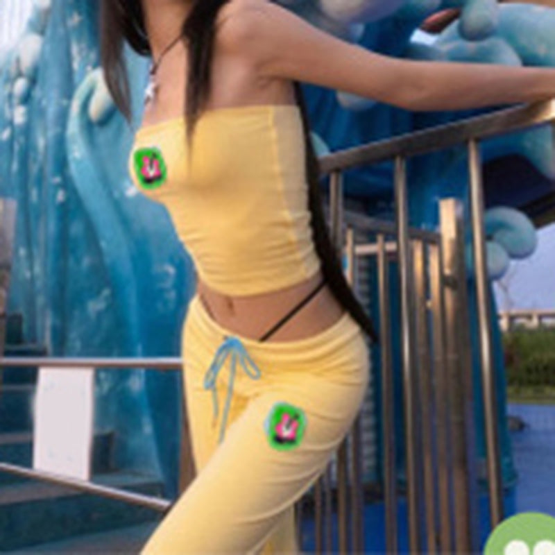 Fashion Summer Suit Embroidery Tube Top and High Waist Drawstring Bell-Bottomed Pants Two-Piece Set Womens Clothing