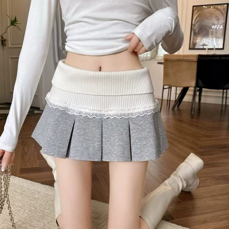  Lace Stitching Pleated skirt