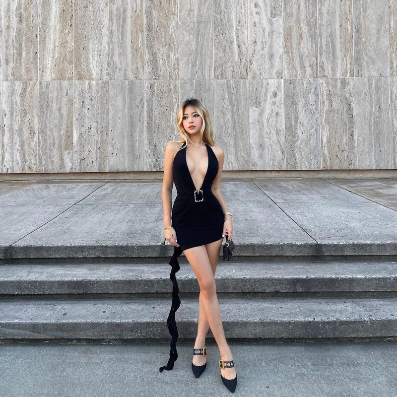 European and American Fashion & Trend Sexy Halter Backless Slim Fit Sheath Solid Color Dress