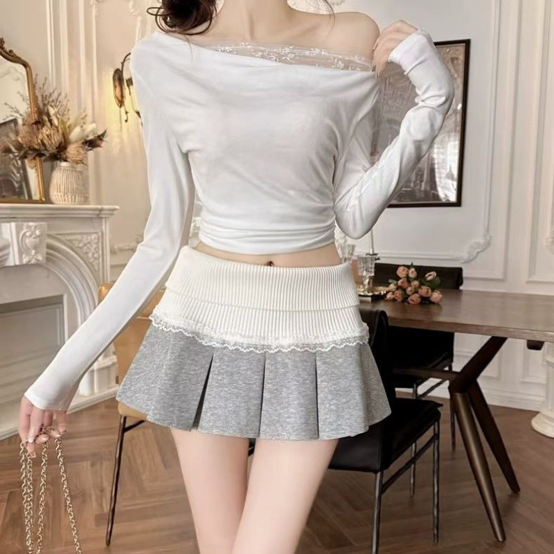  Lace Stitching Pleated skirt