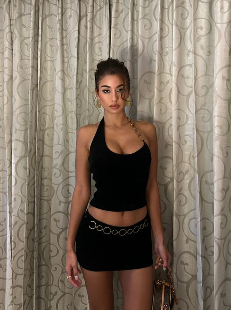 Women'S Clothing Fashion Street Style Hot Girl Wear Iron Chain Halter Wrapped Chest Ultra Short Skirt Outfit