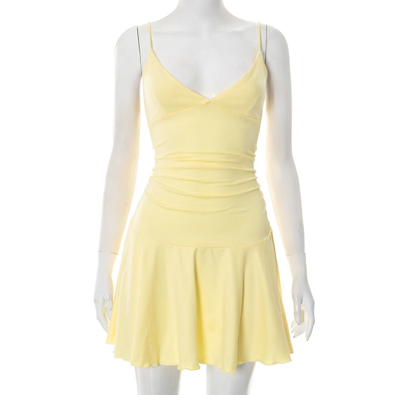 Sexy V-Neck Suspender Dress Y2K Fashion Slim Ruffled Short Dresses for Women Clithing