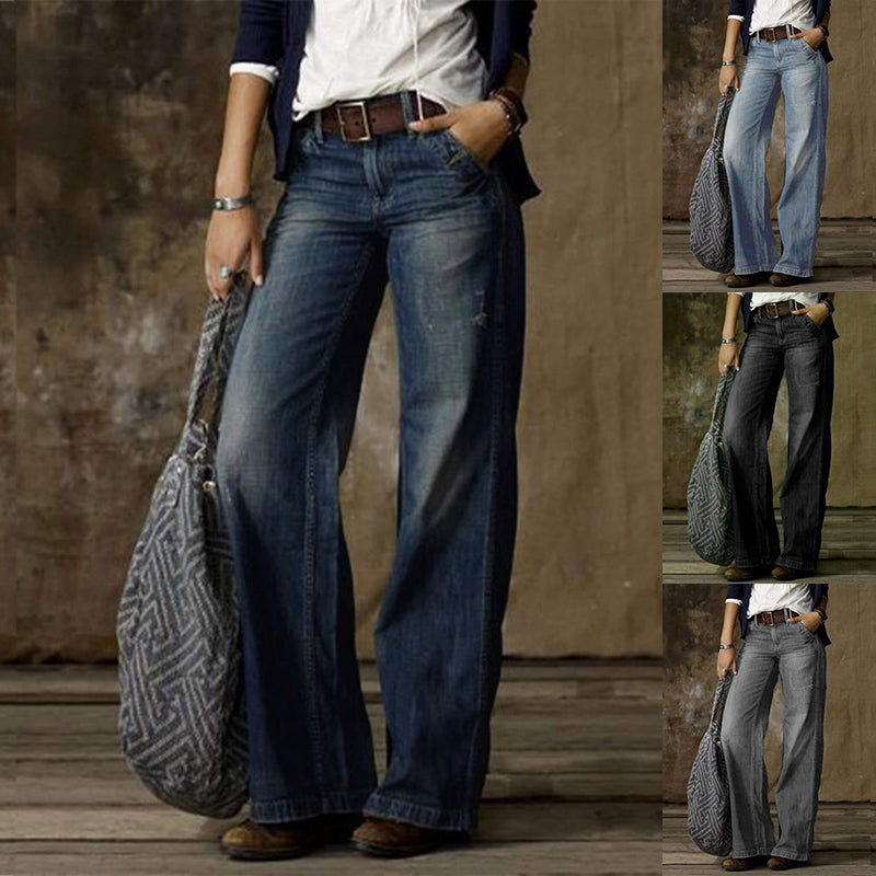 Classic Retro Wide-Leg Jeans – Loose Fit Straight Denim Trousers