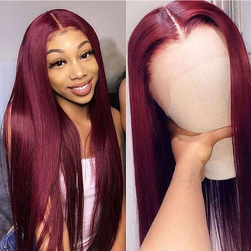  Real Human Hair Full Headger Front Lace straight long Wig -Wine Red 