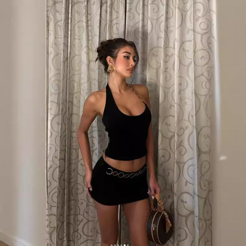 Women'S Clothing Fashion Street Style Hot Girl Wear Iron Chain Halter Wrapped Chest Ultra Short Skirt Outfit