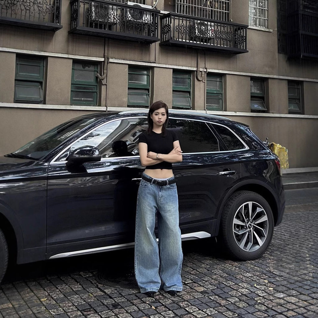 baggy  Washed Wide Leg Worn Jeans Straight Casual Pants