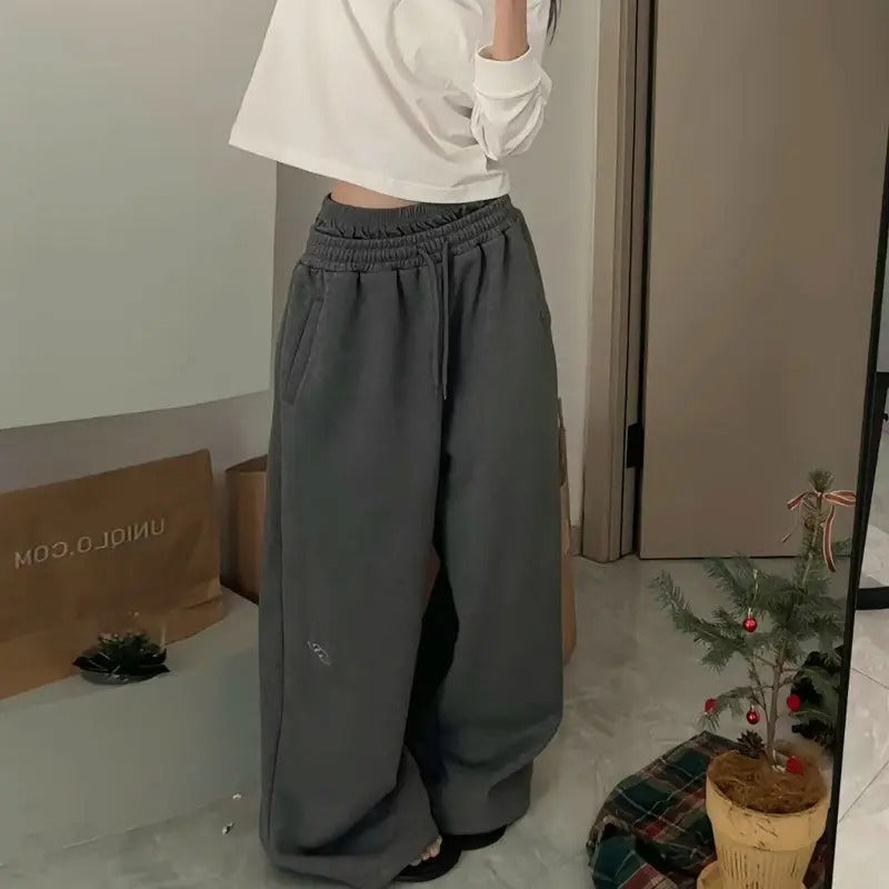 Retro Embroidered Double Waist loose Sweatpants 