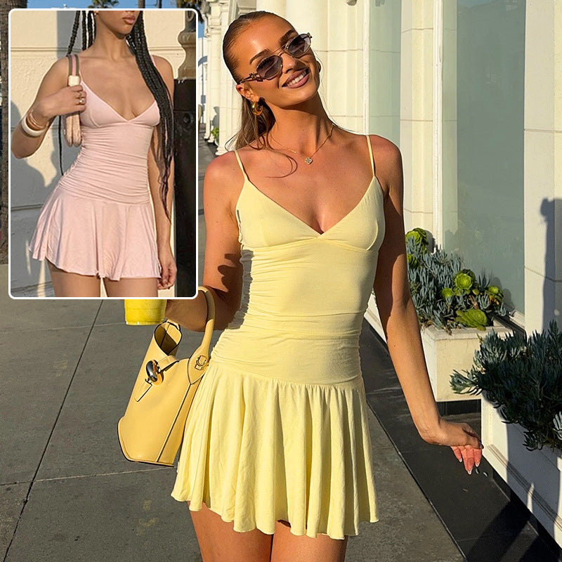 Sexy V-Neck Suspender Dress Y2K Fashion Slim Ruffled Short Dresses for Women Clithing