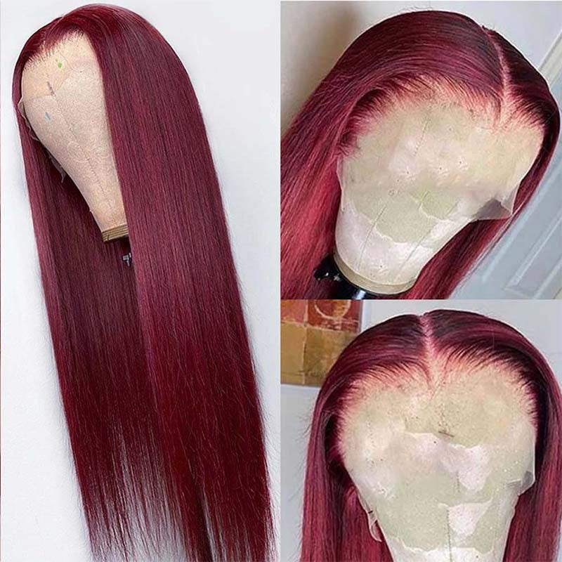  Real Human Hair Full Headger Front Lace straight long Wig -Wine Red 