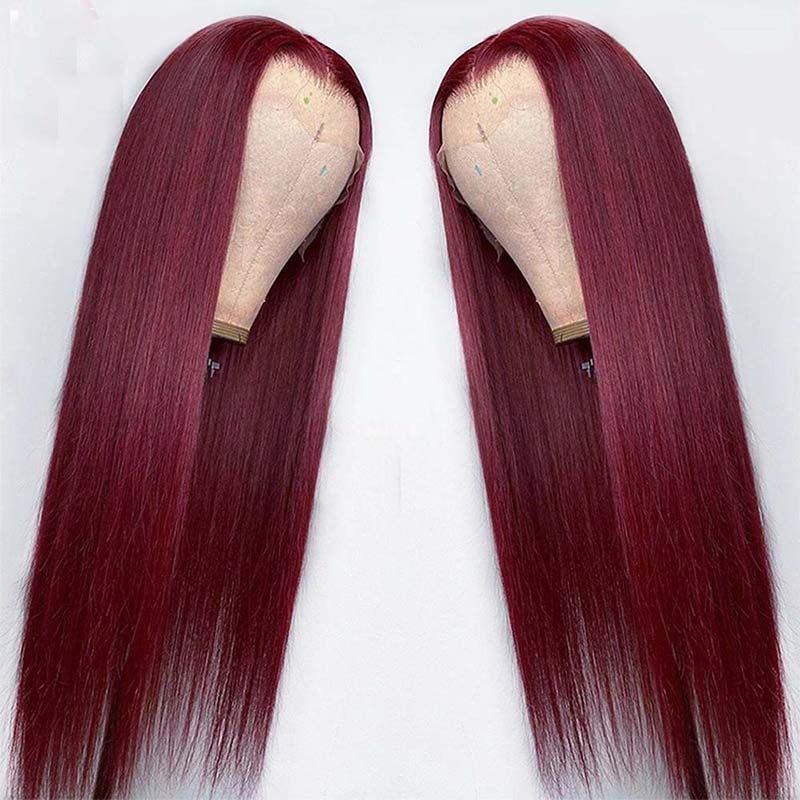  Real Human Hair Full Headger Front Lace straight long Wig -Wine Red 