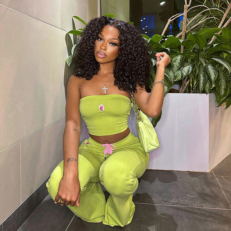 Fashion Summer Suit Embroidery Tube Top and High Waist Drawstring Bell-Bottomed Pants Two-Piece Set Womens Clothing