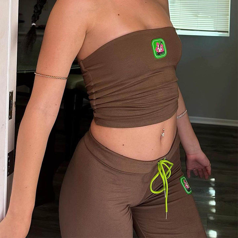 Fashion Summer Suit Embroidery Tube Top and High Waist Drawstring Bell-Bottomed Pants Two-Piece Set Womens Clothing