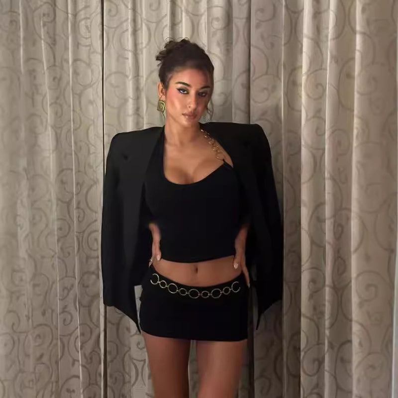 Women'S Clothing Fashion Street Style Hot Girl Wear Iron Chain Halter Wrapped Chest Ultra Short Skirt Outfit