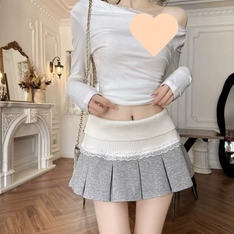  Lace Stitching Pleated skirt