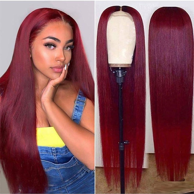  Real Human Hair Full Headger Front Lace straight long Wig -Wine Red 