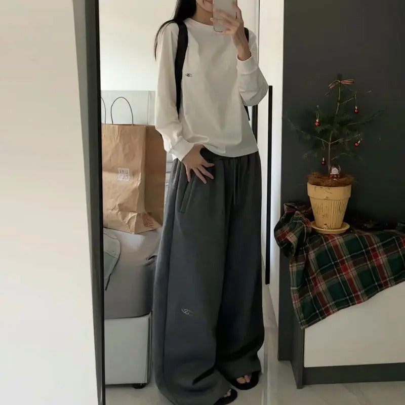 Retro Embroidered Double Waist loose Sweatpants 