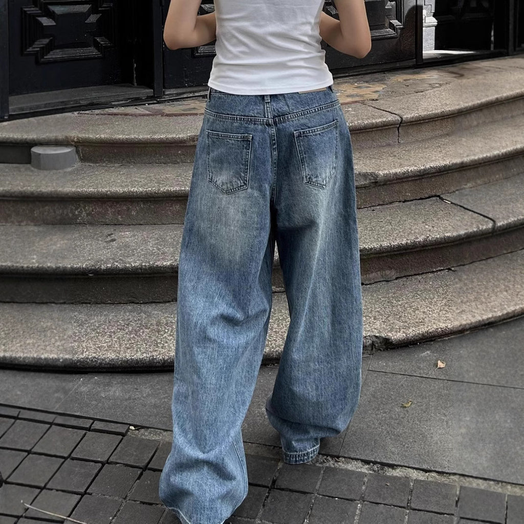 baggy  Washed Wide Leg Worn Jeans Straight Casual Pants